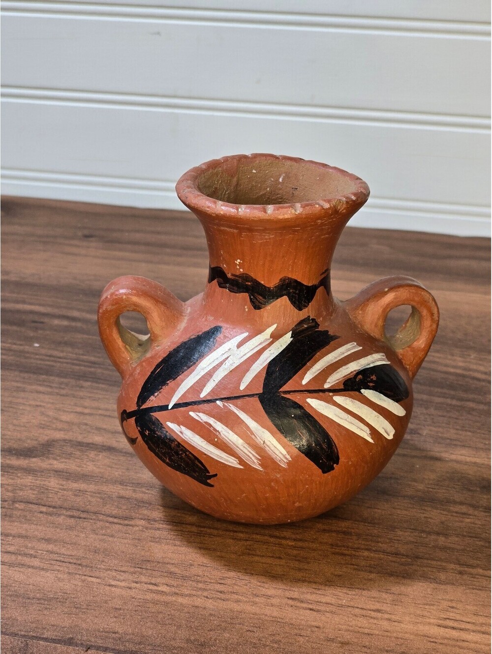 Hand Painted Terracotta Double Handle Vase Folk Art Pottery
